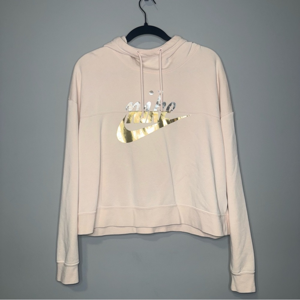 Nike Womens Sportswear Cropped Hoodie Light Pink Metallic Gold Logo Large